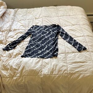 CHANEL Black and White Silk Script Long Sleeve Top